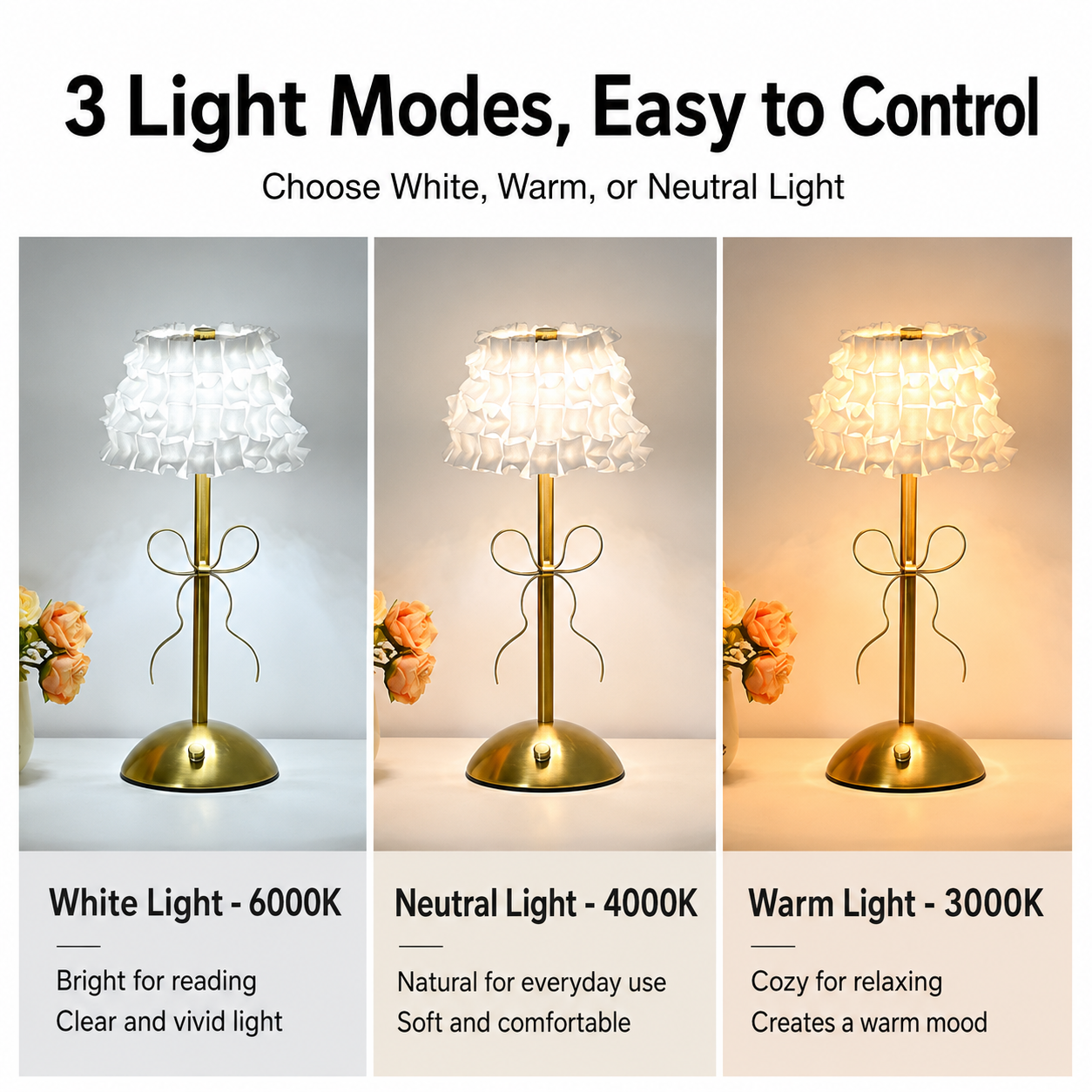 Creative Rechargeable Bow Table Lamp with Pleated Fabric Lampshade - Three Colour Soft Light, Touch Stepless Dimming, USB-C Cordless Bedside Decor, Style J