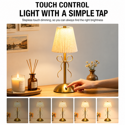 Creative Rechargeable Bow Table Lamp with Pleated Fabric Lampshade - Three Colour Soft Light, Touch Stepless Dimming, USB-C Cordless Bedside Decor, Style J