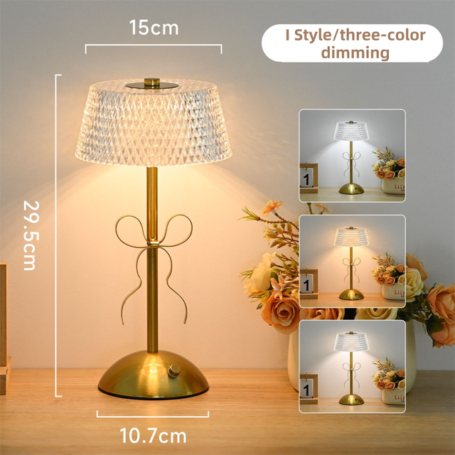 Creative Rechargeable Bow Table Lamp with Pleated Fabric Lampshade - Three Colour Soft Light, Touch Stepless Dimming, USB-C Cordless Bedside Decor, Style I