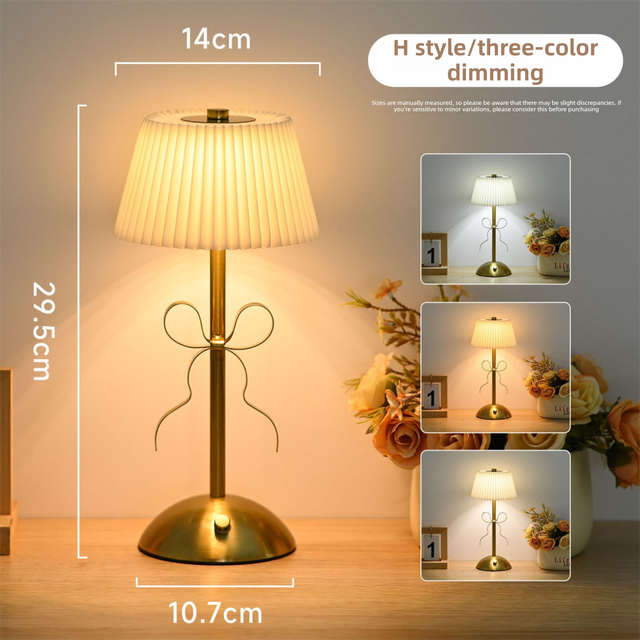 Creative Rechargeable Bow Table Lamp with Pleated Fabric Lampshade - Three Colour Soft Light, Touch Stepless Dimming, USB-C Cordless Bedside Decor, Style H