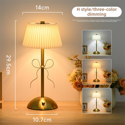 Creative Rechargeable Bow Table Lamp with Pleated Fabric Lampshade - Three Colour Soft Light, Touch Stepless Dimming, USB-C Cordless Bedside Decor, Style H