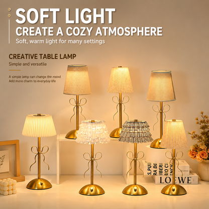 Creative Rechargeable Bow Table Lamp with Pleated Fabric Lampshade - Three Colour Soft Light, Touch Stepless Dimming, USB-C Cordless Bedside Decor, Style H