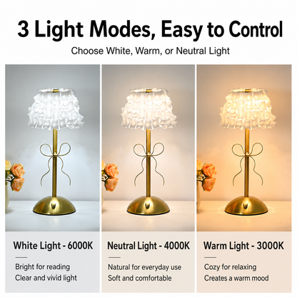 Creative Rechargeable Bow Table Lamp with Pleated Fabric Lampshade - Three Colour Soft Light, Touch Stepless Dimming, USB-C Cordless Bedside Decor, Style H