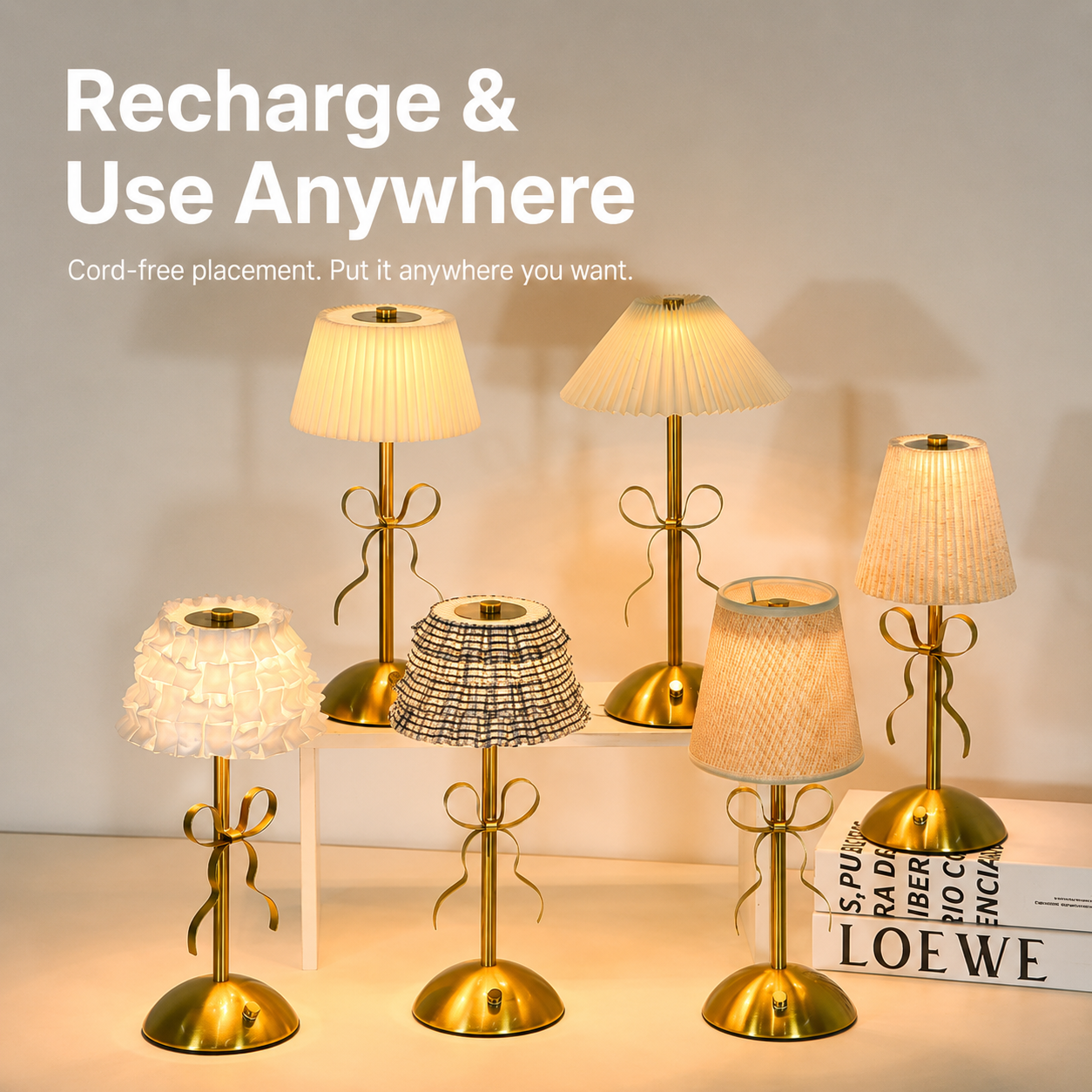 Creative Rechargeable Bow Table Lamp with Pleated Fabric Lampshade - Three Colour Soft Light, Touch Stepless Dimming, USB-C Cordless Bedside Decor, Style H