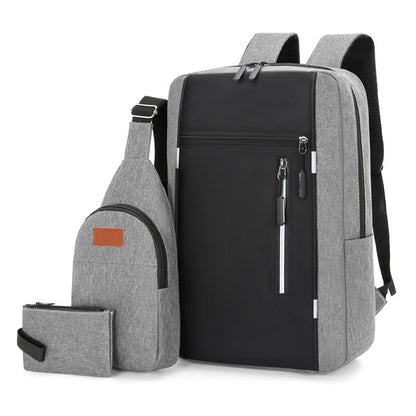 3-Piece Grey and Black Set Large Capacity Waterproof Business Travel Backpack + Crossbody Bag + Coin Purse with 16 Inch Laptop Padded Compartment, Muti Pockets & USB Charging Port