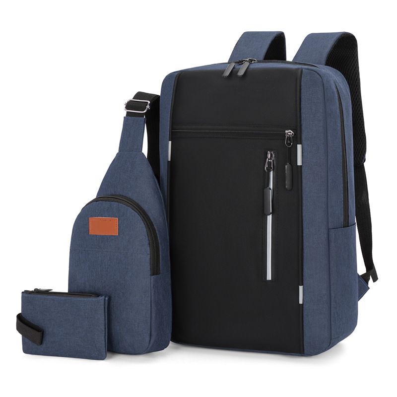 3-Piece Blue and Black Set Large Capacity Waterproof Business Travel Backpack + Crossbody Bag + Coin Purse with 16 Inch Laptop Padded Compartment, Muti Pockets & USB Charging Port