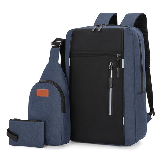 3-Piece Blue and Black Set Large Capacity Waterproof Business Travel Backpack + Crossbody Bag + Coin Purse with 16 Inch Laptop Padded Compartment, Muti Pockets & USB Charging Port