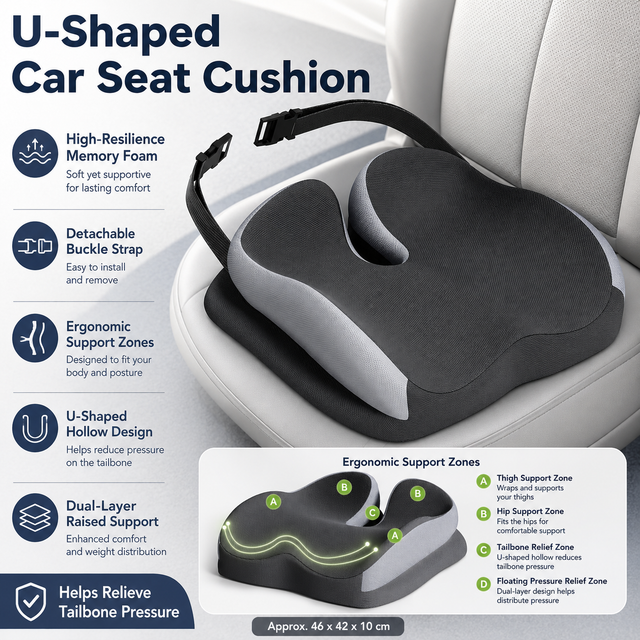 Black Ergonomic U-Shaped Double-Layer Raised Car Seat Cushion with Breathable Cover and Buckle Straps - High Elasticity Memory Foam Driver Cushion, Coccyx Relief & Posture Improval
