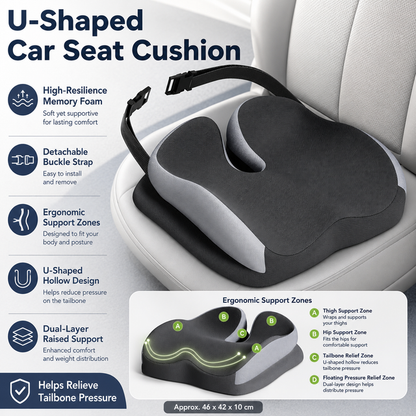 Black Ergonomic U-Shaped Double-Layer Raised Car Seat Cushion with Breathable Cover and Buckle Straps - High Elasticity Memory Foam Driver Cushion, Coccyx Relief & Posture Improval