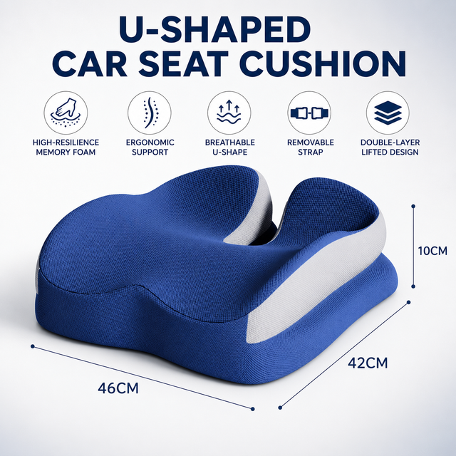 Blue Ergonomic U-Shaped Double-Layer Raised Car Seat Cushion with Breathable Cover and Buckle Straps - High Elasticity Memory Foam Driver Cushion, Coccyx Relief & Posture Improval