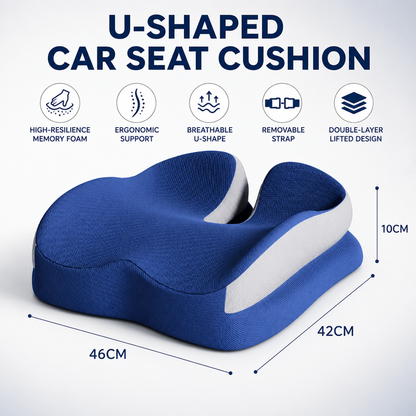 Blue Ergonomic U-Shaped Double-Layer Raised Car Seat Cushion with Breathable Cover and Buckle Straps - High Elasticity Memory Foam Driver Cushion, Coccyx Relief & Posture Improval