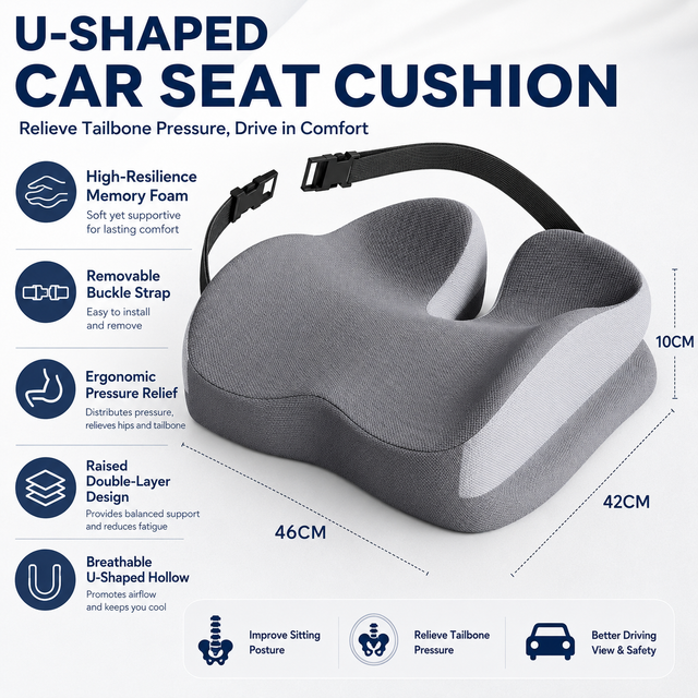 Grey Ergonomic U-Shaped Double-Layer Raised Car Seat Cushion with Breathable Cover and Buckle Straps - High Elasticity Memory Foam Driver Cushion, Coccyx Relief & Posture Improval