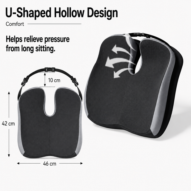 Blue Ergonomic U-Shaped Double-Layer Raised Car Seat Cushion with Breathable Cover - High Elasticity Memory Foam Driver Cushion, Coccyx Relief & Posture Improval