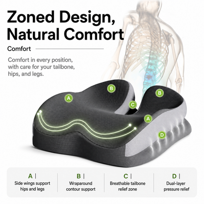 Grey Ergonomic U-Shaped Double-Layer Raised Car Seat Cushion with Breathable Cover and Buckle Straps - High Elasticity Memory Foam Driver Cushion, Coccyx Relief & Posture Improval