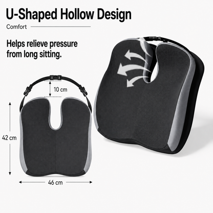 Grey Ergonomic U-Shaped Double-Layer Raised Car Seat Cushion with Breathable Cover and Buckle Straps - High Elasticity Memory Foam Driver Cushion, Coccyx Relief & Posture Improval