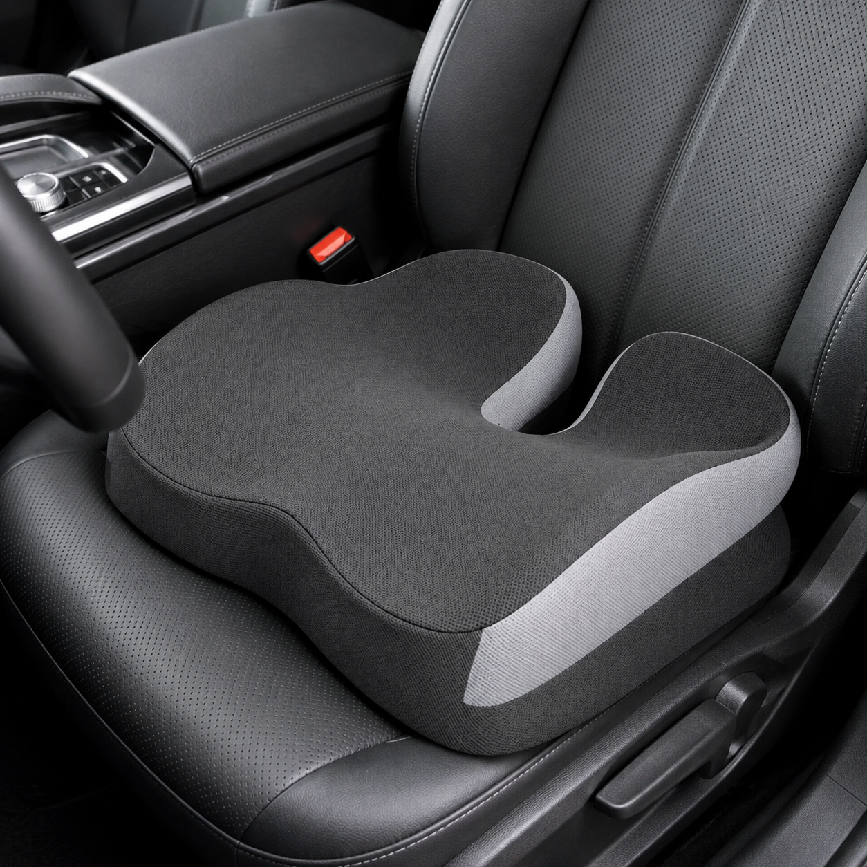 Grey Ergonomic U-Shaped Double-Layer Raised Car Seat Cushion with Breathable Cover and Buckle Straps - High Elasticity Memory Foam Driver Cushion, Coccyx Relief & Posture Improval