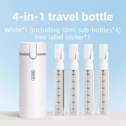4-in-1 White Compact Travel Cosmetic Dispenser Bottle - 4 x 30ml Refillable Pump Toiletries Containers, Lockable & Leakproof Design, Space-Saving & Free Labels for Shampoo Lotion Cream Perfume