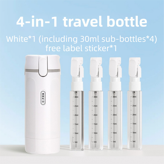 4-in-1 White Compact Travel Cosmetic Dispenser Bottle - 4 x 30ml Refillable Pump Toiletries Containers, Lockable & Leakproof Design, Space-Saving & Free Labels for Shampoo Lotion Cream Perfume
