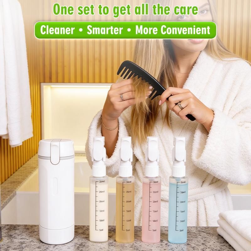 4-in-1 White Compact Travel Cosmetic Dispenser Bottle - 4 x 30ml Refillable Pump Toiletries Containers, Lockable & Leakproof Design, Space-Saving & Free Labels for Shampoo Lotion Cream Perfume
