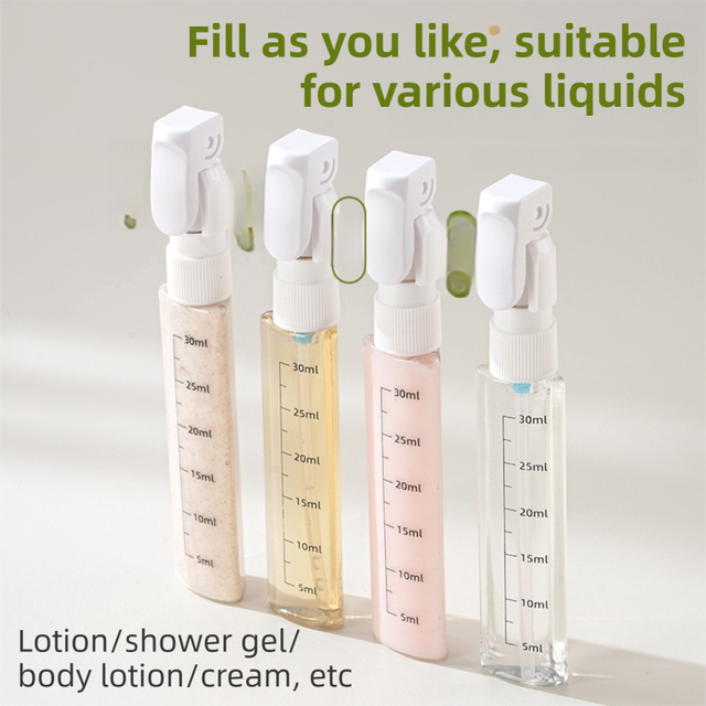 4-in-1 White Compact Travel Cosmetic Dispenser Bottle - 4 x 30ml Refillable Pump Toiletries Containers, Lockable & Leakproof Design, Space-Saving & Free Labels for Shampoo Lotion Cream Perfume