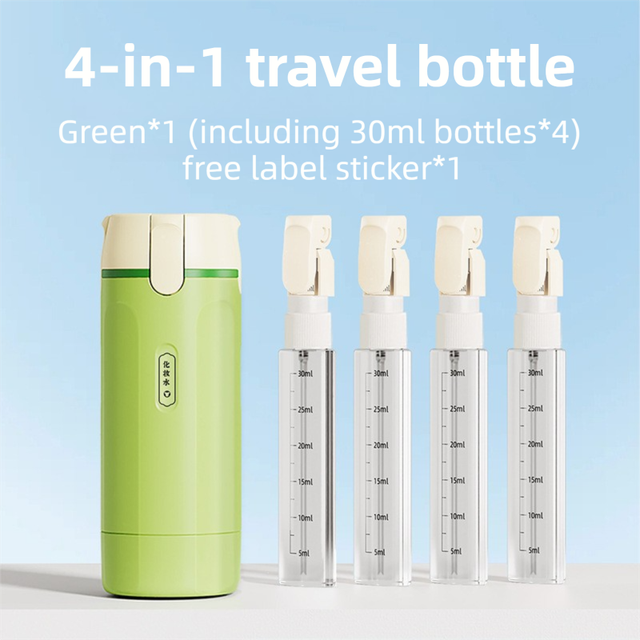 4-in-1 Green Compact Travel Cosmetic Dispenser Bottle - 4 x 30ml Refillable Pump Toiletries Containers, Lockable & Leakproof Design, Space-Saving & Free Labels for Shampoo Lotion Cream Perfume