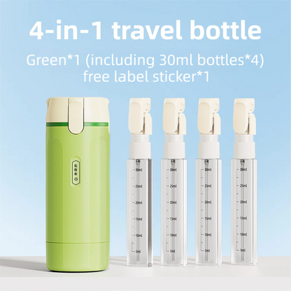 4-in-1 Green Compact Travel Cosmetic Dispenser Bottle - 4 x 30ml Refillable Pump Toiletries Containers, Lockable & Leakproof Design, Space-Saving & Free Labels for Shampoo Lotion Cream Perfume