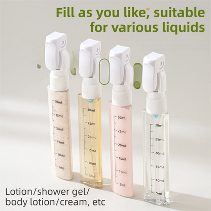 4-in-1 Green Compact Travel Cosmetic Dispenser Bottle - 4 x 30ml Refillable Pump Toiletries Containers, Lockable & Leakproof Design, Space-Saving & Free Labels for Shampoo Lotion Cream Perfume
