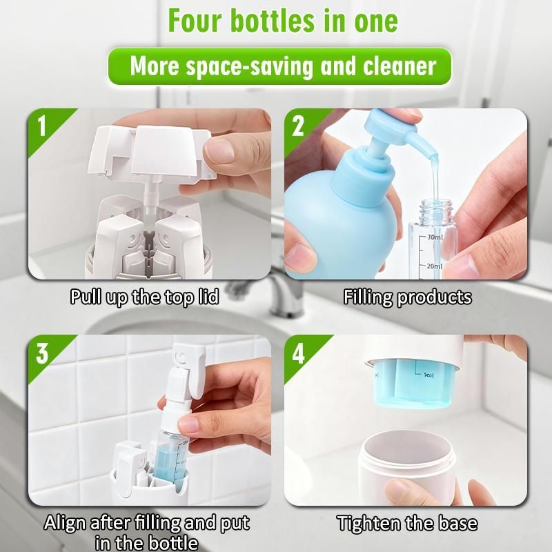 4-in-1 Green Compact Travel Cosmetic Dispenser Bottle - 4 x 30ml Refillable Pump Toiletries Containers, Lockable & Leakproof Design, Space-Saving & Free Labels for Shampoo Lotion Cream Perfume