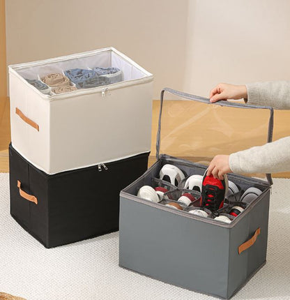Gray Foldable Shoe Storage Box with Dustproof Clear Top Window, 12 Grid Dividers & Handle - Moisture Resistant Oxford Shoe Organizer, Free Installation and Compact for Closet Bedroom Home Storage