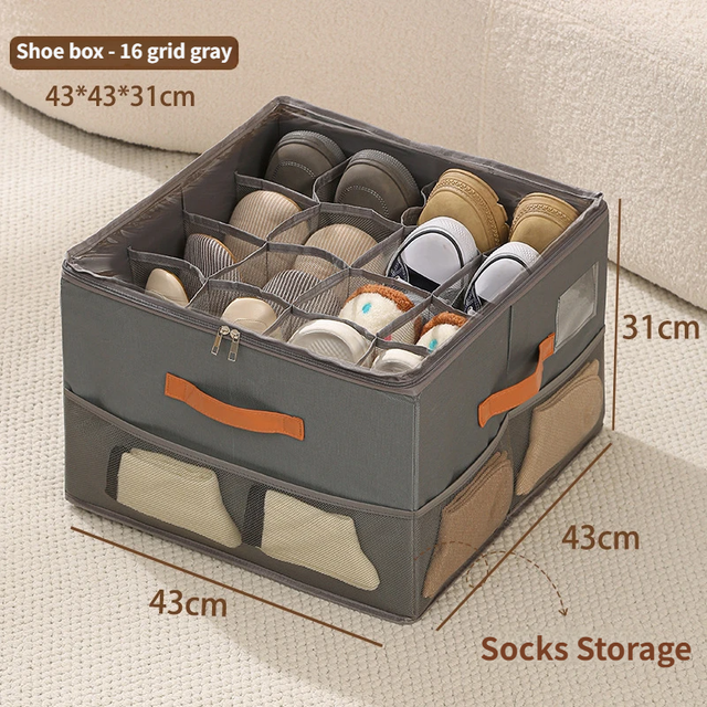 Gray Foldable Shoe Storage Box with Dustproof Clear Top Window, 16 Grid Dividers, Sock Pockets & Handle - Moisture Resistant Oxford Shoe Organizer, Free Installation and Compact for Closet Bedroom Home Storage