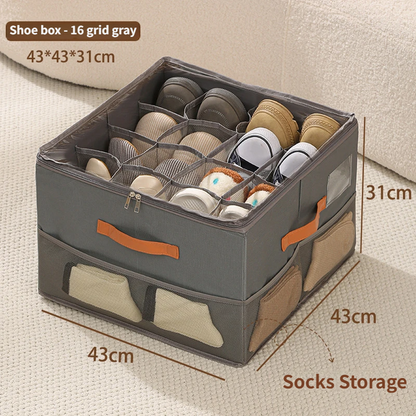 Gray Foldable Shoe Storage Box with Dustproof Clear Top Window, 16 Grid Dividers, Sock Pockets & Handle - Moisture Resistant Oxford Shoe Organizer, Free Installation and Compact for Closet Bedroom Home Storage