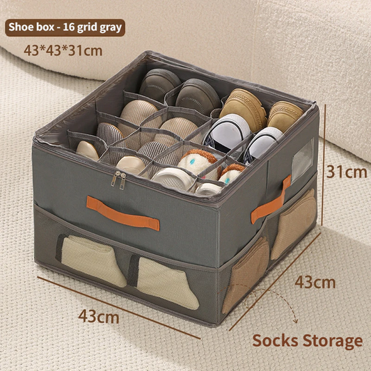 Gray Foldable Shoe Storage Box with Dustproof Clear Top Window, 16 Grid Dividers, Sock Pockets & Handle - Moisture Resistant Oxford Shoe Organizer, Free Installation and Compact for Closet Bedroom Home Storage
