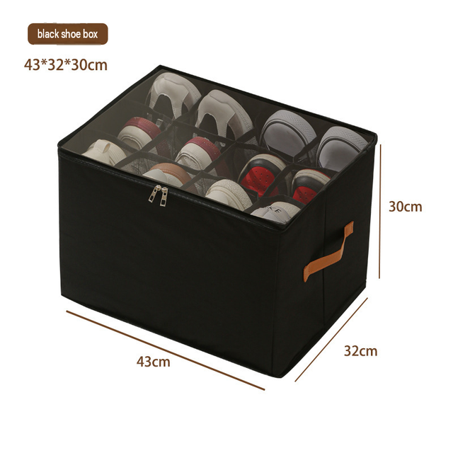 Black Foldable Shoe Storage Box with Dustproof Clear Top Window, 12 Grid Dividers & Handle - Moisture Resistant Oxford Shoe Organizer, Free Installation and Compact for Closet Bedroom Home Storage