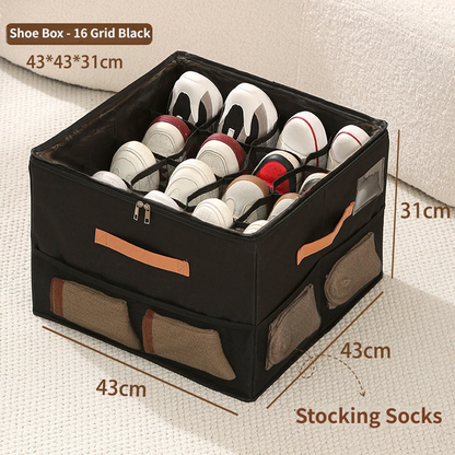 Black Foldable Shoe Storage Box with Dustproof Clear Top Window, 16 Grid Dividers, Sock Pockets & Handle - Moisture Resistant Oxford Shoe Organizer, Free Installation and Compact for Closet Bedroom Home Storage