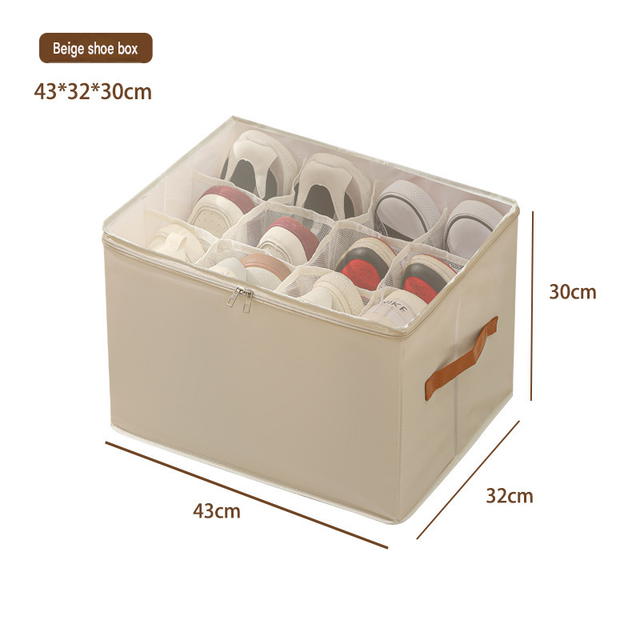 Beige Foldable Shoe Storage Box with Dustproof Clear Top Window, 12 Grid Dividers & Handle - Moisture Resistant Oxford Shoe Organizer, Free Installation and Compact for Closet Bedroom Home Storage