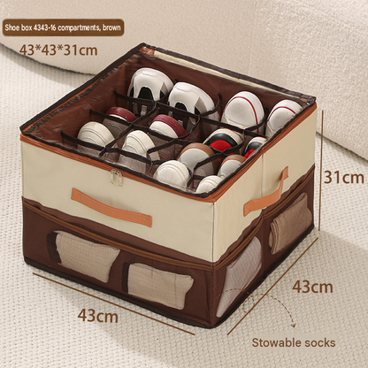 Beige and Coffee Foldable Shoe Storage Box with Dustproof Clear Top Window, 16 Grid Dividers, Sock Pockets & Handle - Moisture Resistant Oxford Shoe Organizer, Free Installation and Compact for Closet Bedroom Home Storage