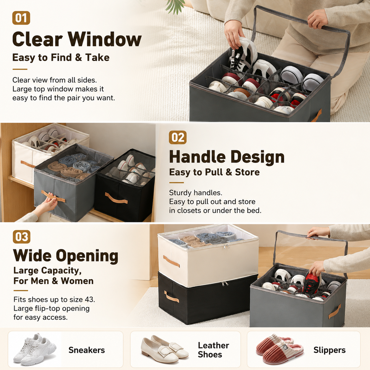 Beige and Coffee Foldable Shoe Storage Box with Dustproof Clear Top Window, 16 Grid Dividers, Sock Pockets & Handle - Moisture Resistant Oxford Shoe Organizer, Free Installation and Compact for Closet Bedroom Home Storage