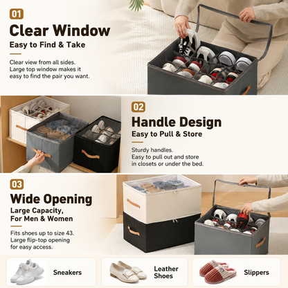 Beige and Coffee Foldable Shoe Storage Box with Dustproof Clear Top Window, 16 Grid Dividers, Sock Pockets & Handle - Moisture Resistant Oxford Shoe Organizer, Free Installation and Compact for Closet Bedroom Home Storage