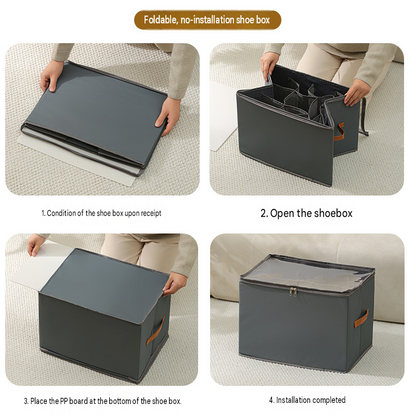 Beige and Coffee Foldable Shoe Storage Box with Dustproof Clear Top Window, 16 Grid Dividers, Sock Pockets & Handle - Moisture Resistant Oxford Shoe Organizer, Free Installation and Compact for Closet Bedroom Home Storage