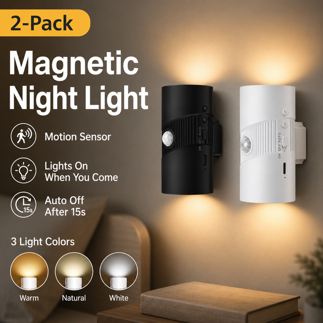 2-Pack Black and White Rechargeable Magnetic Dual Direction Wall Lamp - Widely Triple Sensing, 15s Automatic Timing & Constant On Mode, 3 Colours and 4 Brightness Levels for Hallways and Bedrooms