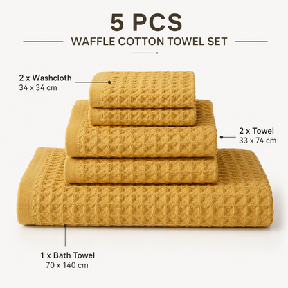 5 Piece Yellow Waffle Weave 100% Cotton Towel Set - Quick Dry Absorbent Bath Towel, 2 x Towels and 2 x Face Towels with Hanging Hook for Home and Guest Use
