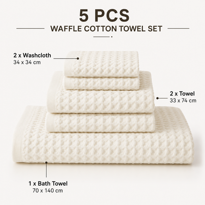 5 Piece White Waffle Weave 100% Cotton Towel Set - Quick Dry Absorbent Bath Towel, 2 x Towels and 2 x Face Towels with Hanging Hook for Home and Guest Use