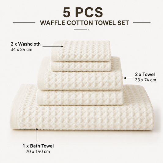 5 Piece White Waffle Weave 100% Cotton Towel Set - Quick Dry Absorbent Bath Towel, 2 x Towels and 2 x Face Towels with Hanging Hook for Home and Guest Use
