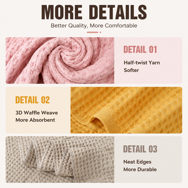 5 Piece White Waffle Weave 100% Cotton Towel Set - Quick Dry Absorbent Bath Towel, 2 x Towels and 2 x Face Towels with Hanging Hook for Home and Guest Use