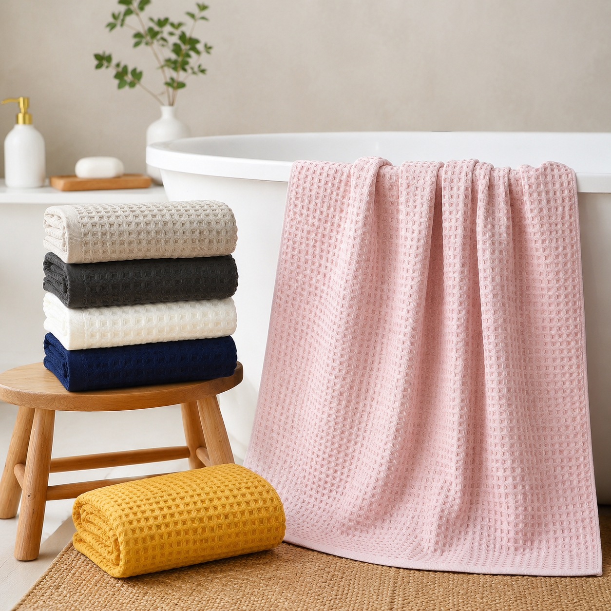 5 Piece White Waffle Weave 100% Cotton Towel Set - Quick Dry Absorbent Bath Towel, 2 x Towels and 2 x Face Towels with Hanging Hook for Home and Guest Use
