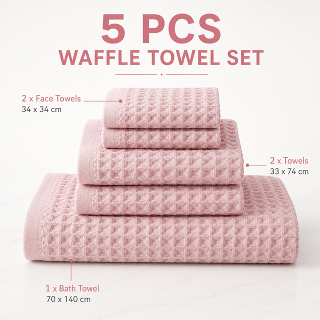 5 Piece Pink Waffle Weave 100% Cotton Towel Set - Quick Dry Absorbent Bath Towel, 2 x Towels and 2 x Face Towels with Hanging Hook for Home and Guest Use