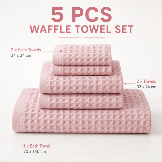 5 Piece Pink Waffle Weave 100% Cotton Towel Set - Quick Dry Absorbent Bath Towel, 2 x Towels and 2 x Face Towels with Hanging Hook for Home and Guest Use