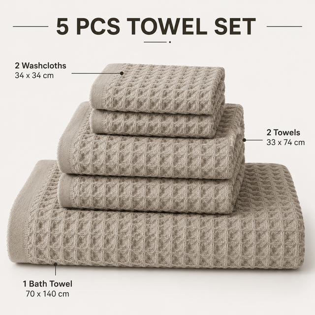 5 Piece Grey Waffle Weave 100% Cotton Towel Set - Quick Dry Absorbent Bath Towel, 2 x Towels and 2 x Face Towels with Hanging Hook for Home and Guest Use