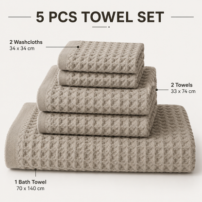 5 Piece Grey Waffle Weave 100% Cotton Towel Set - Quick Dry Absorbent Bath Towel, 2 x Towels and 2 x Face Towels with Hanging Hook for Home and Guest Use