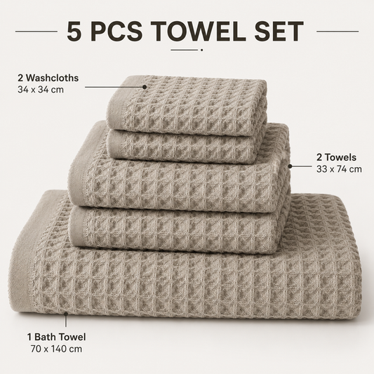 5 Piece Grey Waffle Weave 100% Cotton Towel Set - Quick Dry Absorbent Bath Towel, 2 x Towels and 2 x Face Towels with Hanging Hook for Home and Guest Use